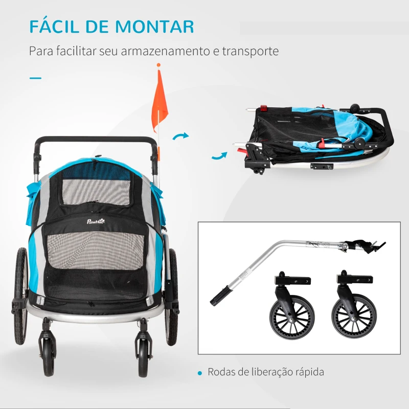 PawHut Reboque de Bicicleta para Cães Dobrável 2 em 1 Carrinho para Cães de Alumínio com Guiador Ajustável Bandeira e 6 Refletores Carga Máxima 40kg 150x82x98cm Azul