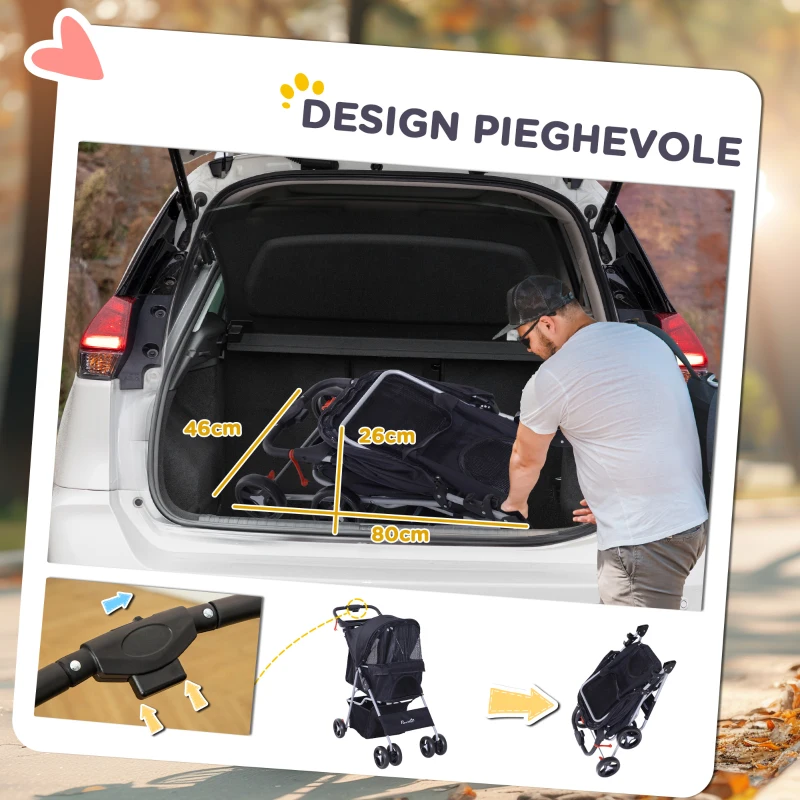 PawHut Passeggino per Cani Piccoli Pieghevole, Carrozzina per Cani con Ruote con Freni, Portabicchieri, Cestino Portaoggetti, 3 Finestre e Ruote Anteriori a 360°, per Animali Domestici 10 kg, Nero