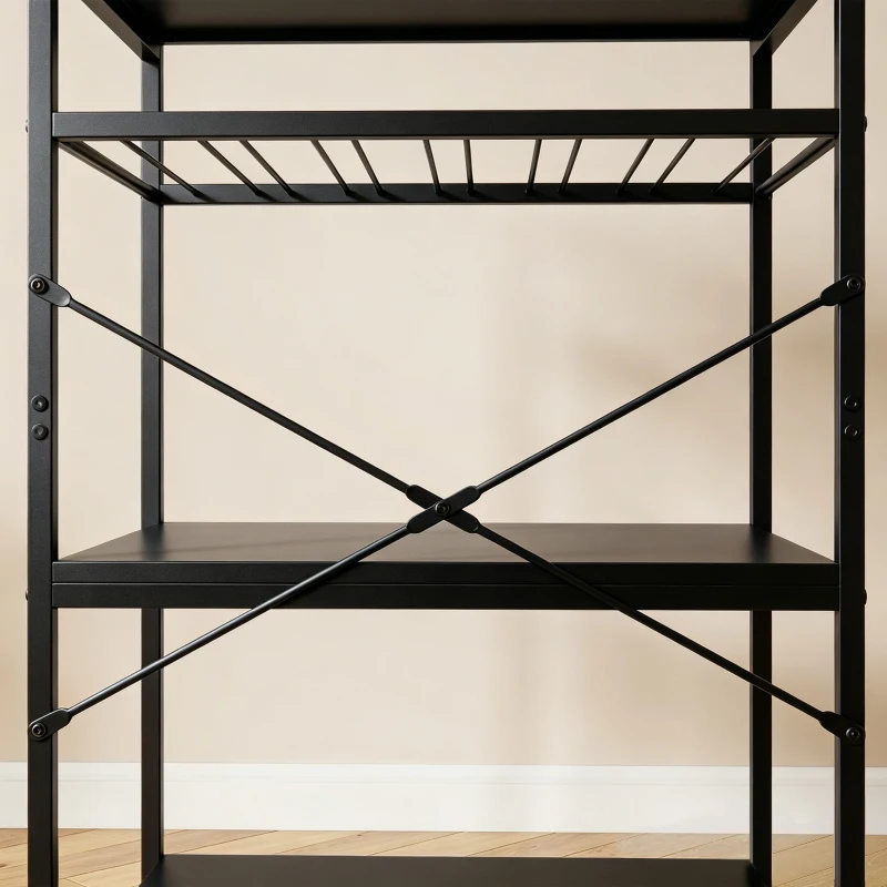 HOMCOM Freestanding Shelving Unit, Industrial Storage Shelf with 6 Hooks and Wine Rack for Living Room, Home Office, Black