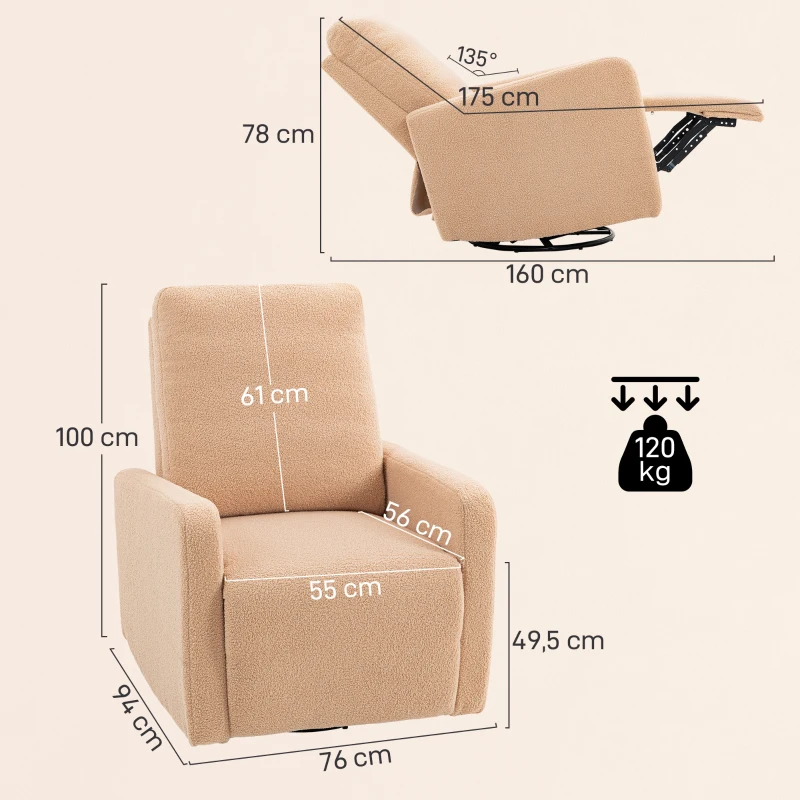 HOMCOM Poltrona Relax Reclinável Manual Poltrona Relax de Borreguito com Função de Baloiço 360° Reclinável até 135º 76x94x100 cm Marrom Claro