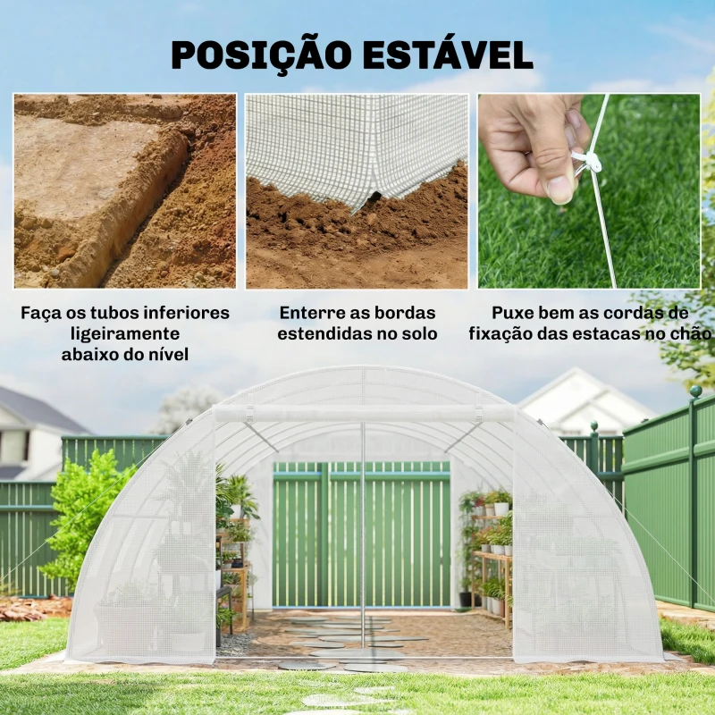 Outsunny Estufa Tipo Túnel com 2 Barras de Suporte, 2 Portas Enroláveis e Janelas com Rede, Cobertura de PE Anti-UV Branco