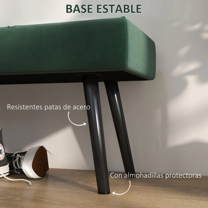 HOMCOM Taburete Pie de Cama Multifuncional con Pies de Acero y Asiento Acolchado para Entrada Pasillo 100x36x45 cm Verde
