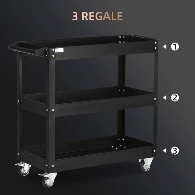 DURHAND 3-laags Gereedschapswagen, 4 Wielen, Staal, 83B x 35,3D x 76H cm, Zwart