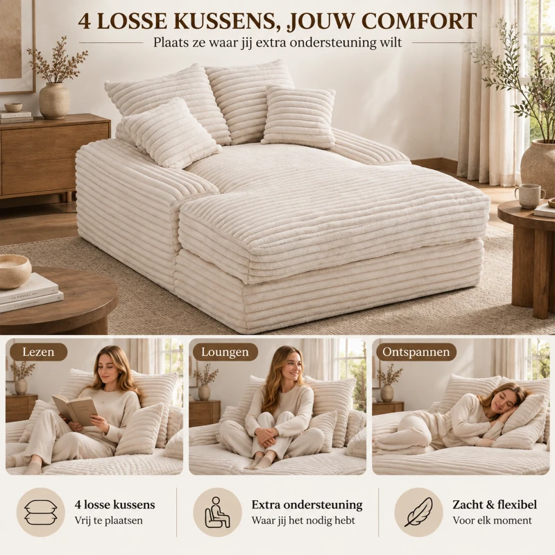 Extra diepe loungebank van ribstof, chaise longue met traagschuim en 4 kussens, zonder montage, 175 x 137 x 63 cm, beige