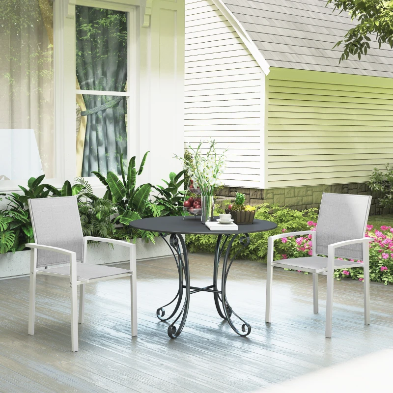 Outsunny Conjunto de 2 Cadeiras de Jardim Empilháveis com Tecido Transpirável e Estrutura em Aço 56x58x89 cm Branco e Cinzento