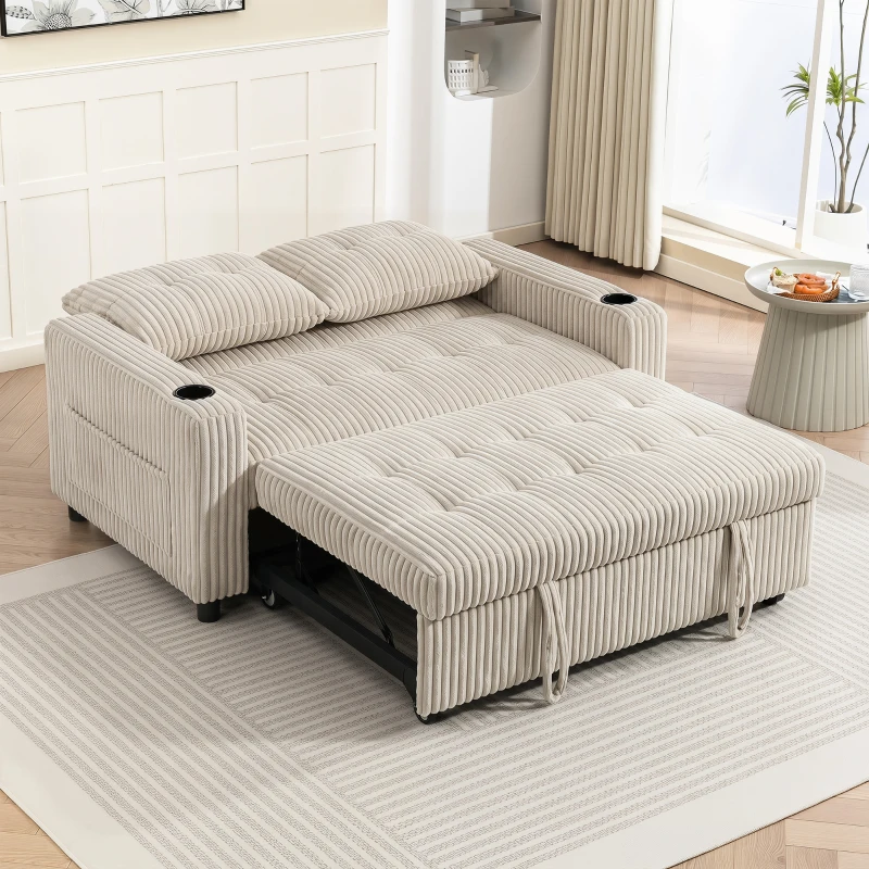 HOMCOM Corduroy Click Clack Sleeper Sofa with Pull Out Design, 2 Seater Sofa Bed, Cream White