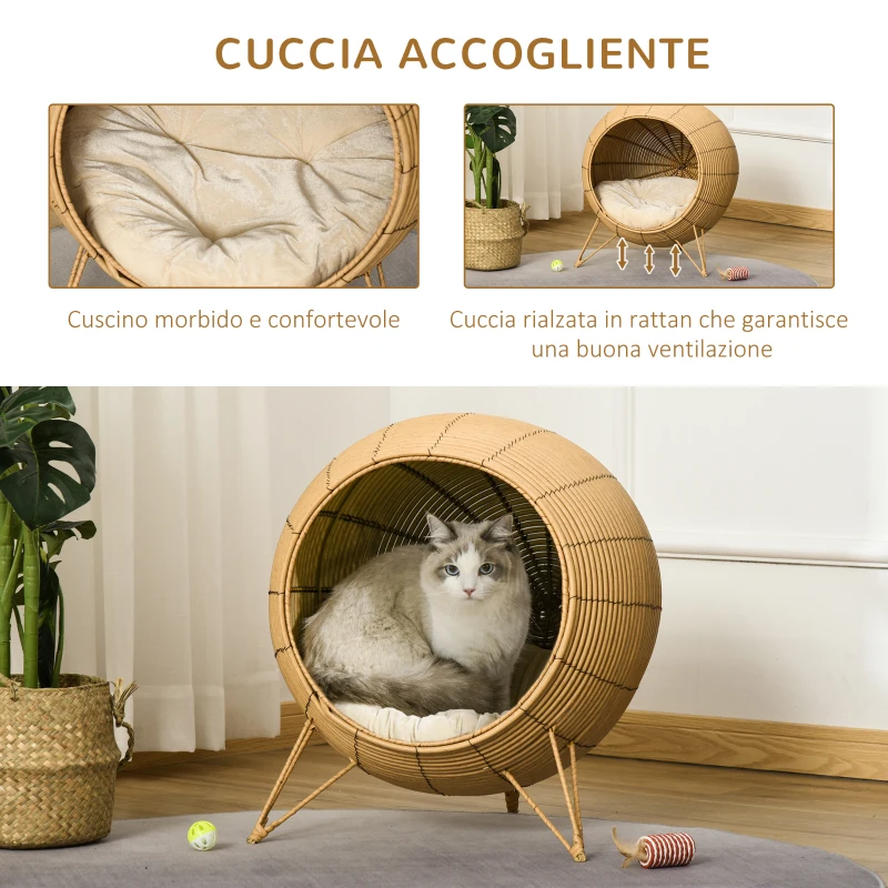 PawHut Cuccia per Gatti, Cesta per Gatti Adulti fino 5kg, Cesta in Vimini Sintetico Rialzata, Marrone Chiaro