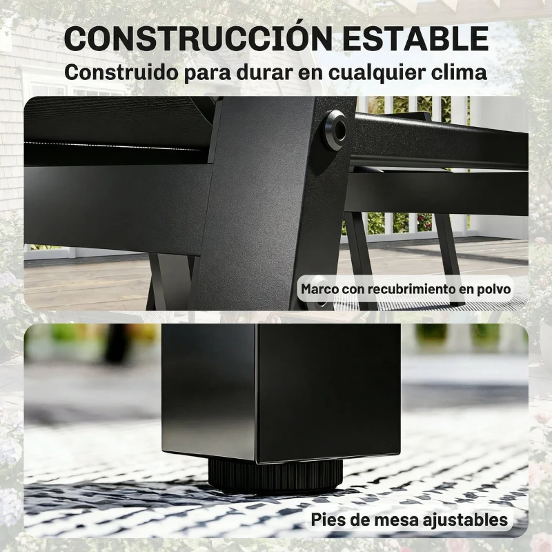 Outsunny Conjunto de Mesa y Sillas Jardín con Mesa con Tablero de Listones y 6 Sillas Transpirables para Terraza Patio Negro