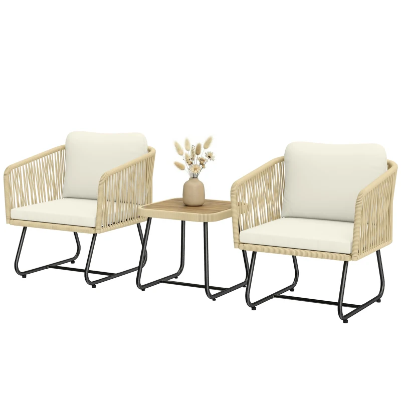 Outsunny Rattan Bistroset 3-delig FSC Tuinmeubelset met 2 Fauteuils, Latten Houten Tafel, Dikke Wasbare Kussens, Stalen Frame