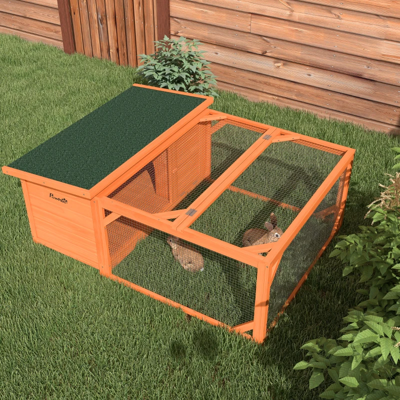 PawHut Rabbit Hutch Outdoor Guinea Pig Hutch with Run Small Animal Off-ground Duck House Hideaway Garden with Openable Roof 125.5 x 100 x 49cm Orange