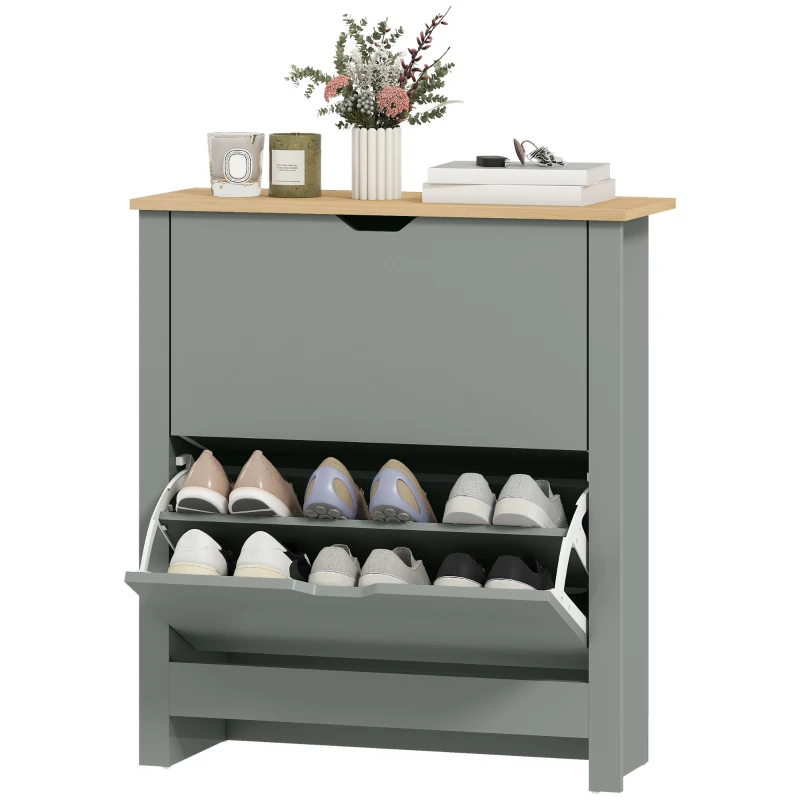 HOMCOM Schoenenkast met 2 klapvakken, verstelbare scheidingswand voor 8-12 paar schoenen, 72 x 26 x 80 cm, lichtgrijs