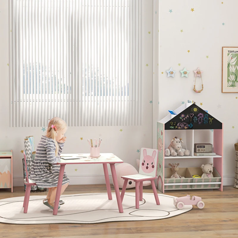 ZONEKIZ Conjunto para Crianças Inclui 1 Estante para Brinquedos com 2 Caixas de Tecido não Tecido e 1 Mesa com 2 Cadeiras Rosa