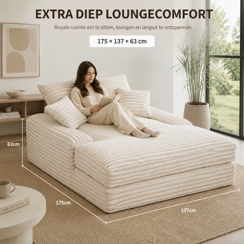 Extra diepe loungebank van ribstof, chaise longue met traagschuim en 4 kussens, zonder montage, 175 x 137 x 63 cm, beige