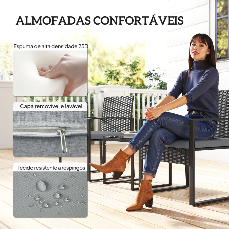 Outsunny Conjunto de Móveis de Exterior de 3 Peças em Vime PE com Cadeiras Mesa de Vidro Temperado e Almofadas Cinza Claro