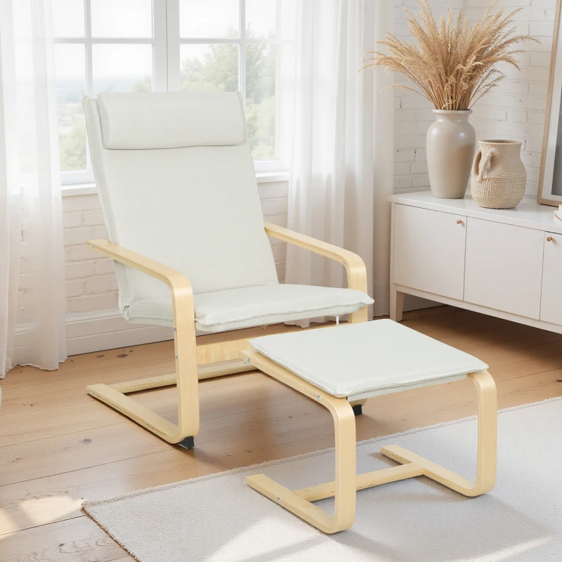 HOMCOM Poltrona com Otomano Poltrona de Leitura com Pernas de Madeira e Estofado em Linho 67x78x92 cm Creme