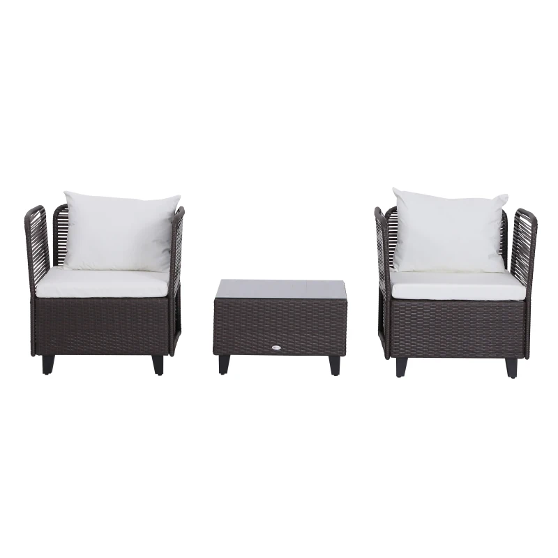 Outsunny Set Mobili da Giardino in Rattan 3 Pezzi 2 Poltrone Tavolino Piano in Vetro Struttura in Acciaio Marrone
