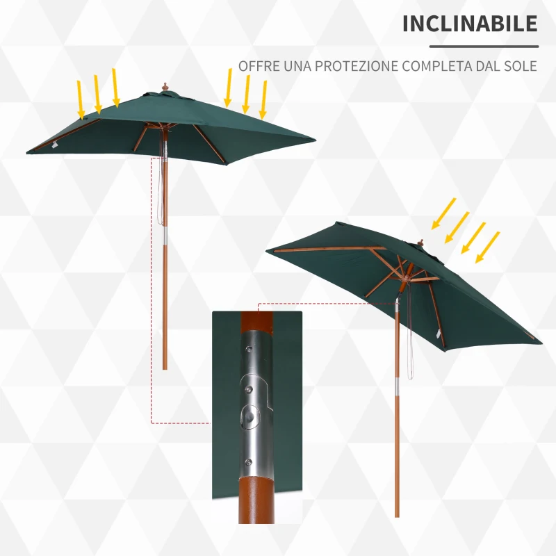 Outsunny Ombrellone da Giardino 2x1.5 m Inclinabile a 6 Stecche con Palo in Legno e Apertura a Corda, Verde