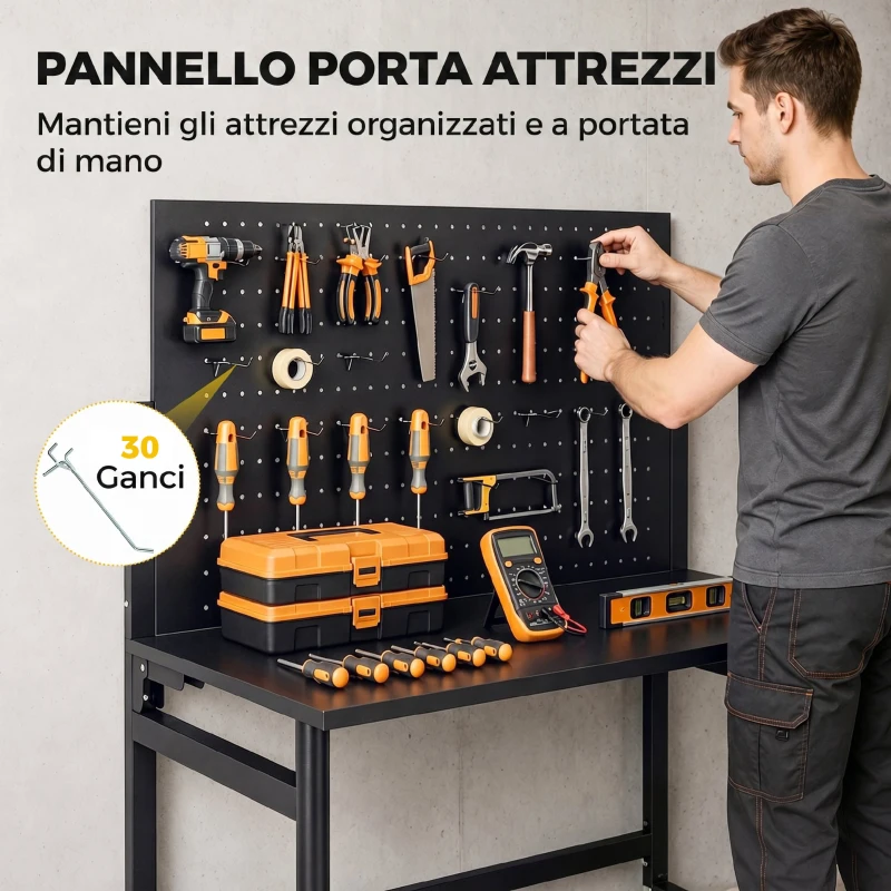 HOMCOM Banco da Lavoro Pieghevole Portatile con Pannello Perforato, Piano Spesso in Legno, Struttura in Acciaio, Nero