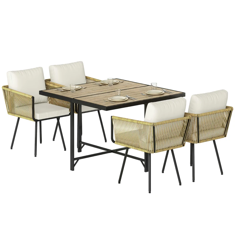 Outsunny Conjunto de Refeição Jardim de 5 Peças Mesa de Refeição com Imitação de Madeira e 4 Cadeiras com Almofadas Bege e Madeira