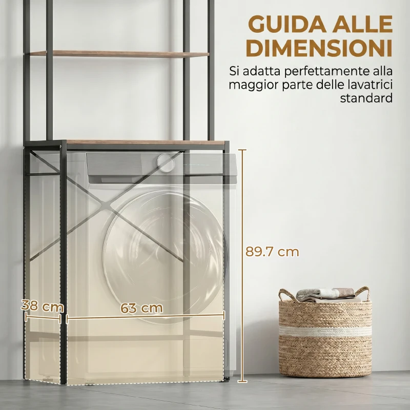 HOMCOM Mobile Sopra Lavatrice a 3 Ripiani con Barra Appendiabiti, in Legno e Acciaio, 67x40x161.8 cm, Marrone e Nero