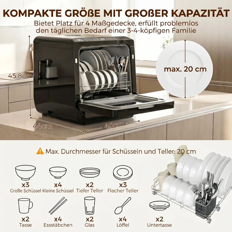 HOMCOM Tischgeschirrspüler, Mini-Geschirrspüler mit 6-Liter-Tank, 5 Programme, LED-Anzeige, Trocknungsfunktion, Schwarz