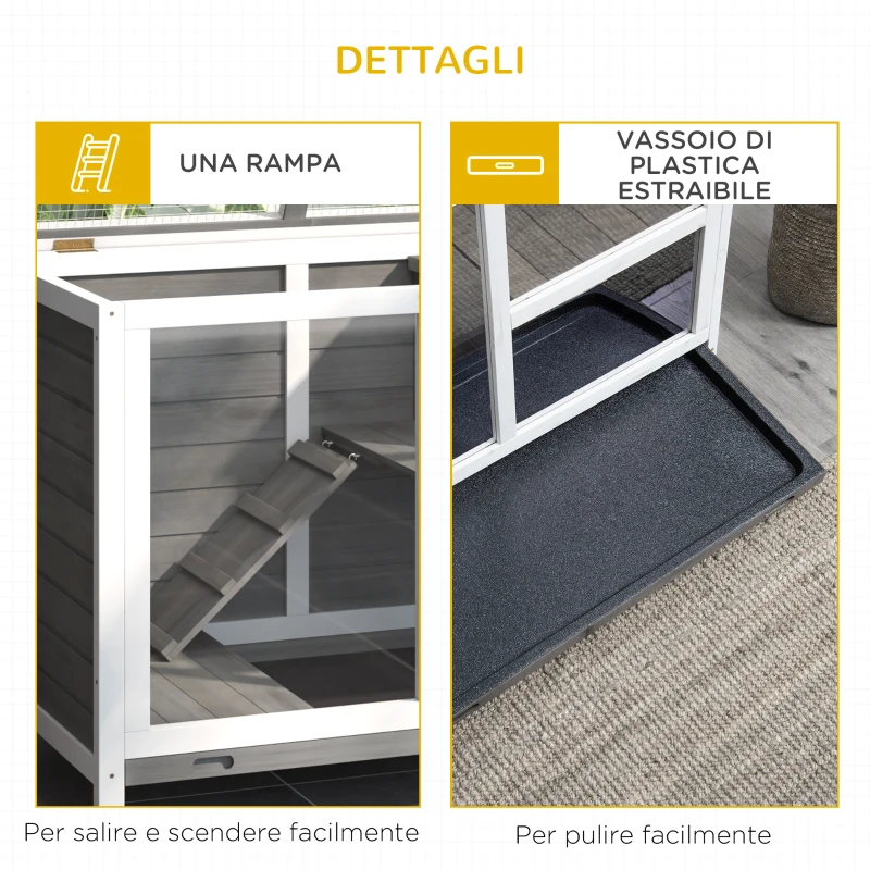 PawHut Conigliera in Legno a 2 Piani con Casetta, Rampa e Vassoio Estraibile, 91.5x53.3x73cm