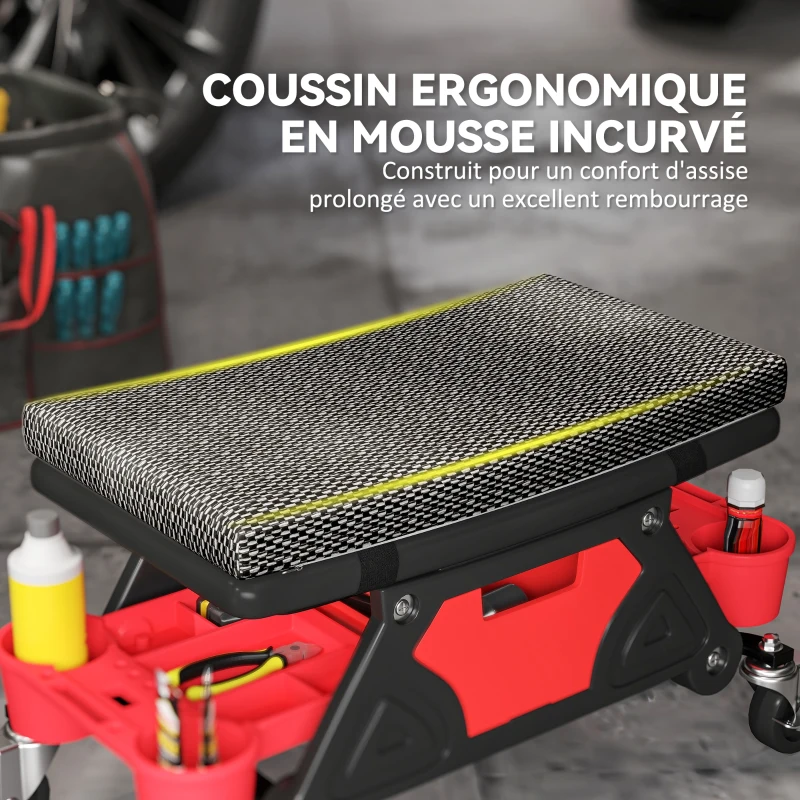 HOMCOM Tabouret d'atelier mobile 135 kg, tabouret de mécanicien avec roulettes rotatif à 360°, 64,5 x 33 x 35 cm, noir