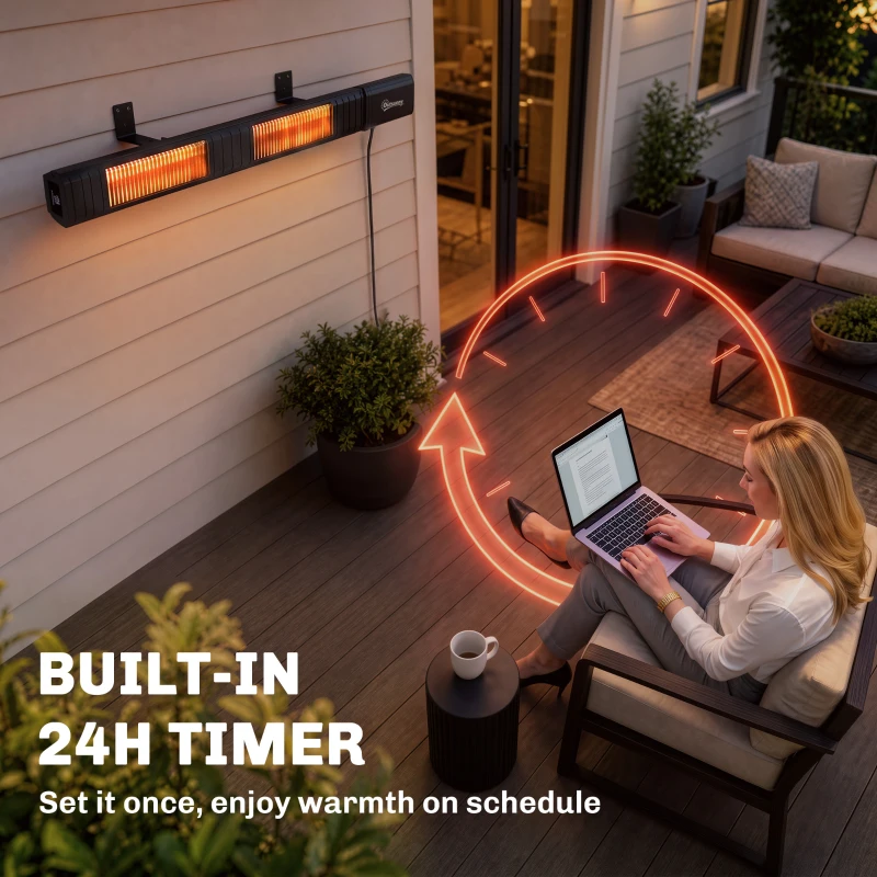 Outsunny 3000 W Electric Infrared Patio Heater, Wall Mounted IP65 Garden Heater with 9 Heat Settings, 24 H Timer, Black