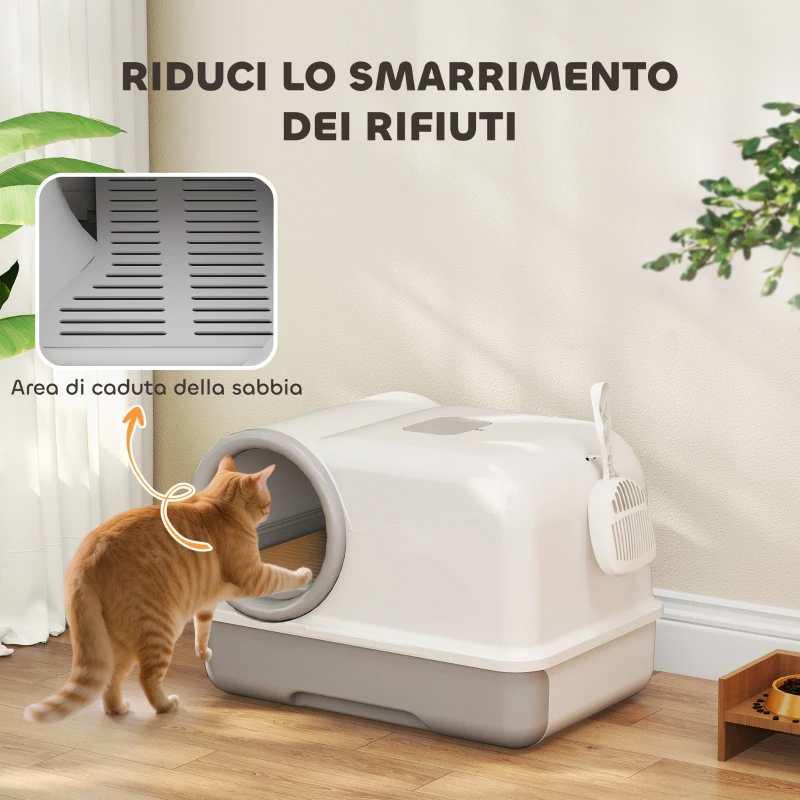 PawHut Lettiera per Gatti Chiusa con Vassoio, Paletta e Sacchetti Deodoranti, in PP, 59x39.5x39.5 cm, Bianco e Grigio
