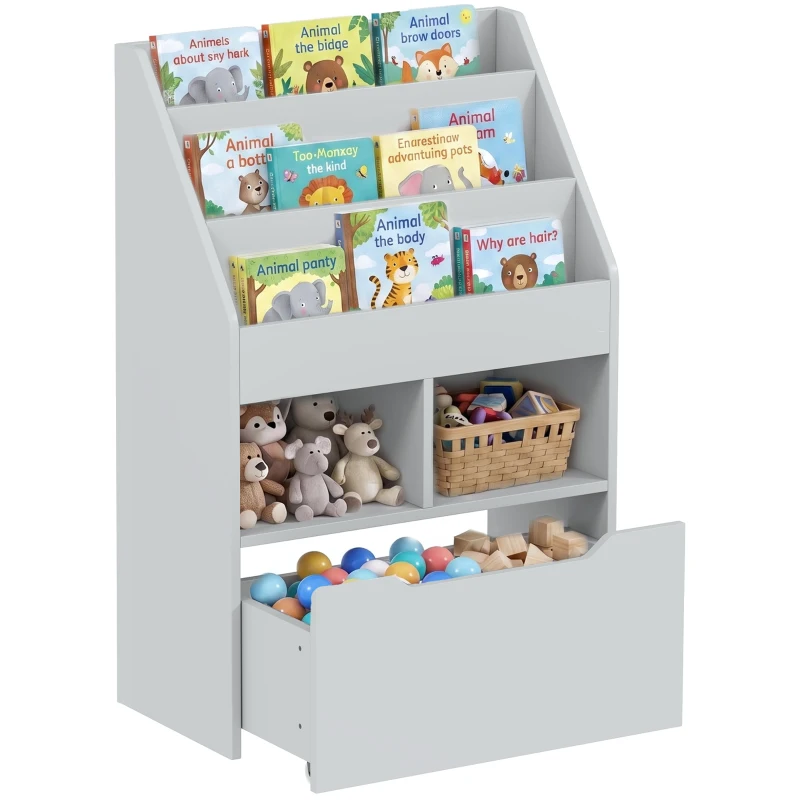 HOMCOM Kinderregal mit Schublade, Bücherregal mit Fächern, 60 x 29,9 x 90 cm, Grau
