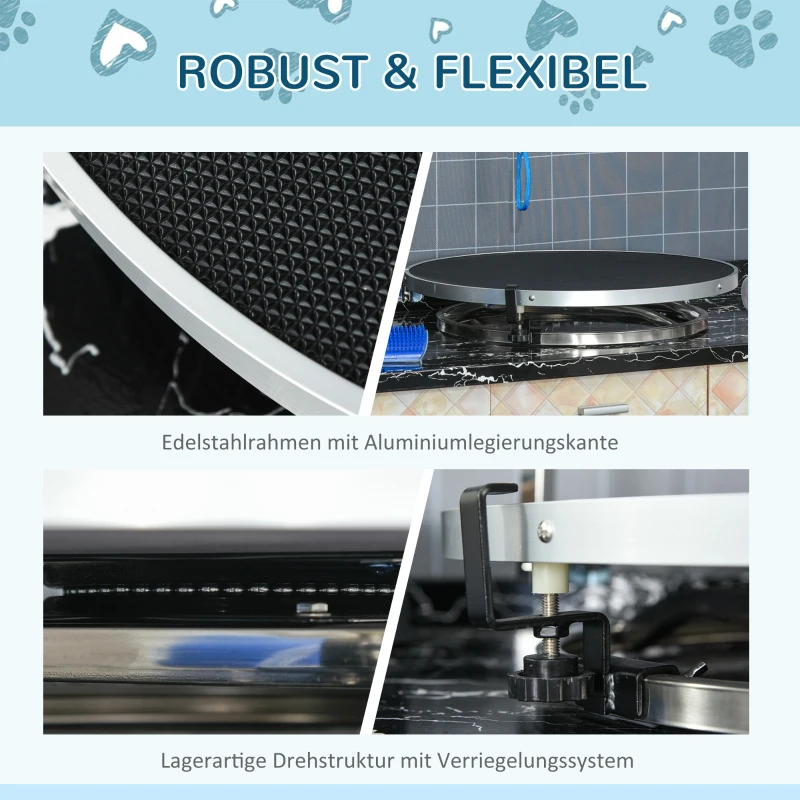 PawHut hondentrimtafel dierenverzorgingstafel draaibare droogtafel met verstelbare arm antislip tafelblad vergrendelingssysteem aluminiumlegering rand roestvrij stalen frame veiligheidslijn Ø65x 10 h