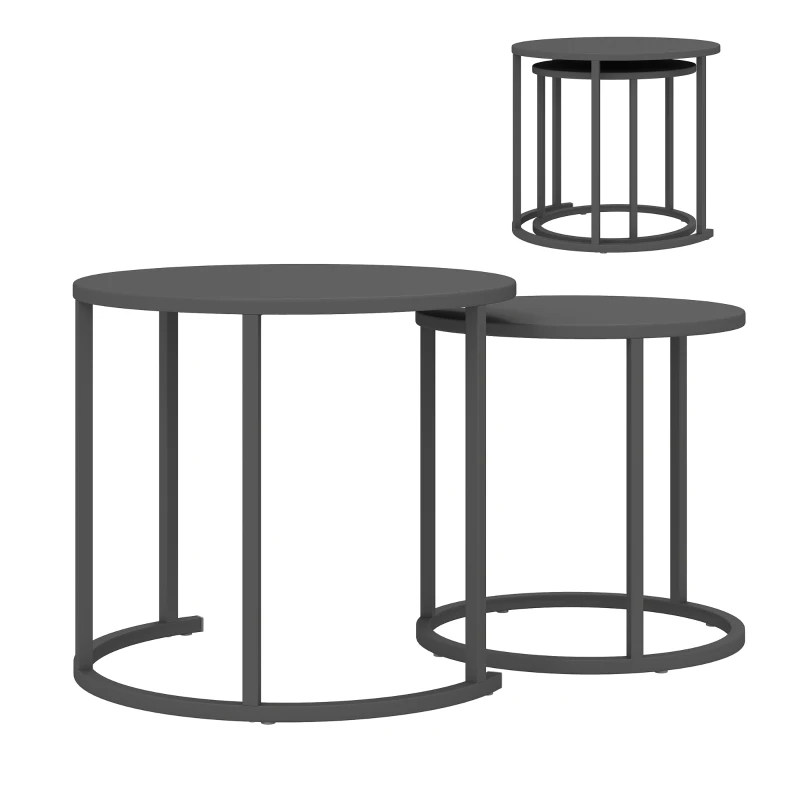 Outsunny 2-delige Stapelbare Bijzettafelset Ronde Buitentafel Waterbestendig Balkontafel van Staal Ruimtebesparend Donkergrijs