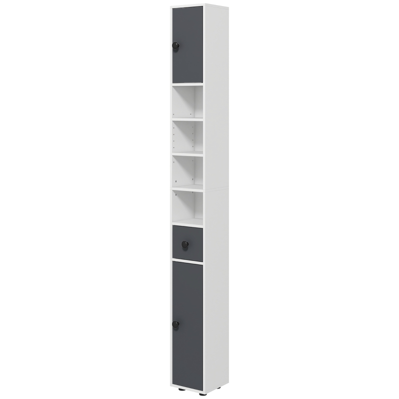 kleankin Coluna Casa de Banho Moderna com 1 Gaveta 5 Prateleiras Ajustáveis e 2 Armários 20x20x180 cm Cinza