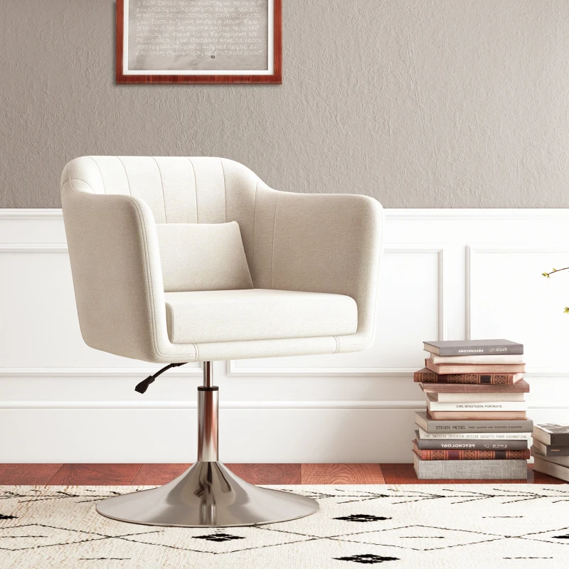 HOMCOM Modern Accent Chair with Swivel Base, Height Adjustable Arm Chair with Pillow for Living Room, Bedroom, Cream White