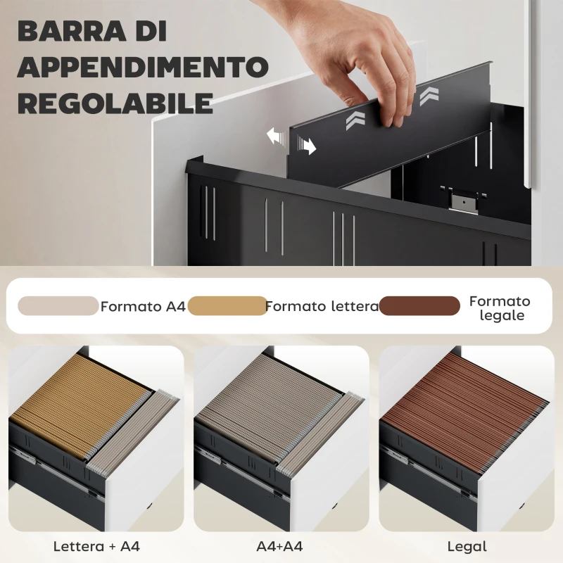 Vinsetto Cassettiera da Ufficio 3 Cassetti in Acciaio con Serratura e Rotelle, 39x48x59cm, Bianco