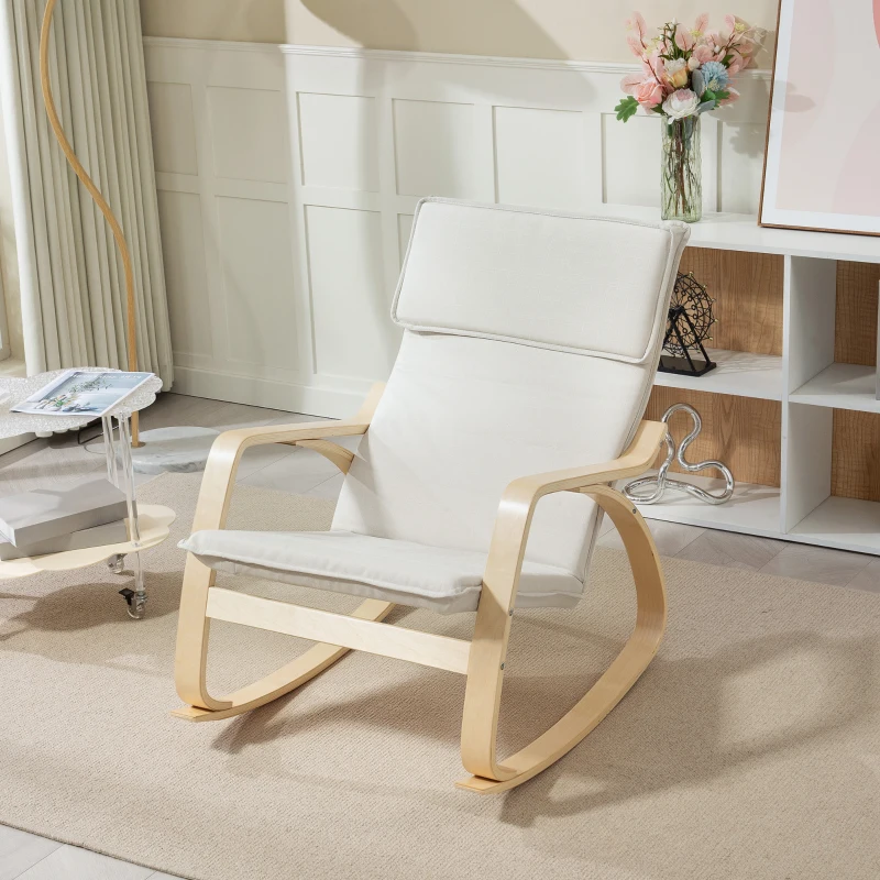 HOMCOM Comfortable Relax Rocking Chair, Upholstered Lounge Chair Recliner with High Back and Headrest for Living Room, Bedroom, Cream White
