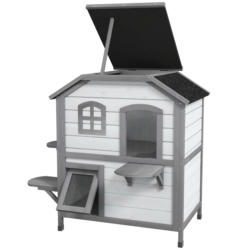 PawHut Kattenhuis Kattenhok Kattenhol, 2 Verdiepingen, weerbestendig, 78,1 cm x 55,2 cm x 90,8 cm, Wit + Grijs