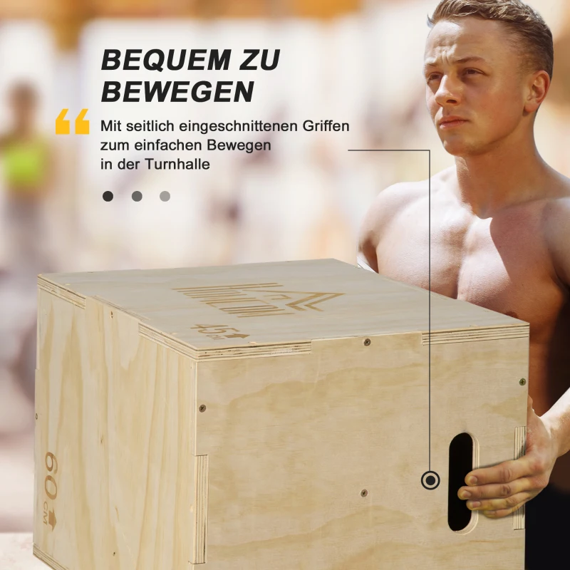 HOMCOM Plyo Box, Houten Springbox, Plyometrische Platform met Handgreep voor Thuis, 45 x 40 x 60 cm, Natuurlijk Hout