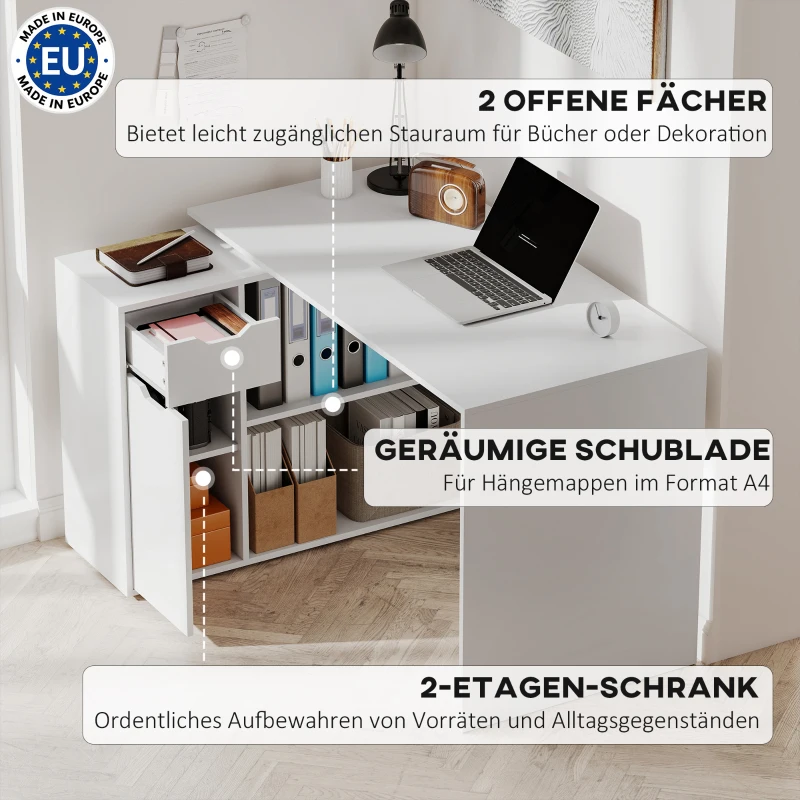 HOMCOM Flexibel bureau, 2-laags kast, lade, open vakken, hout, Wit(m-4)