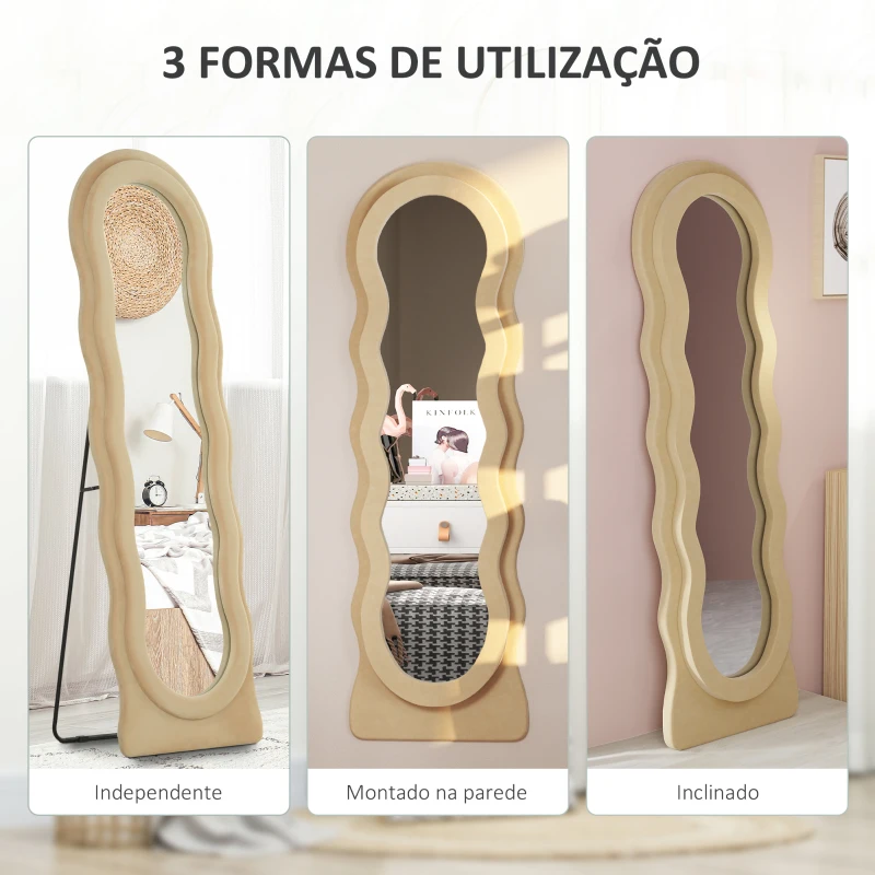 HOMCOM Espelho de Pé 50x160 cm Espelho de Corpo Inteiro ou de Parede com Desenho Assimétrico e Estrutura de Veludo Bege