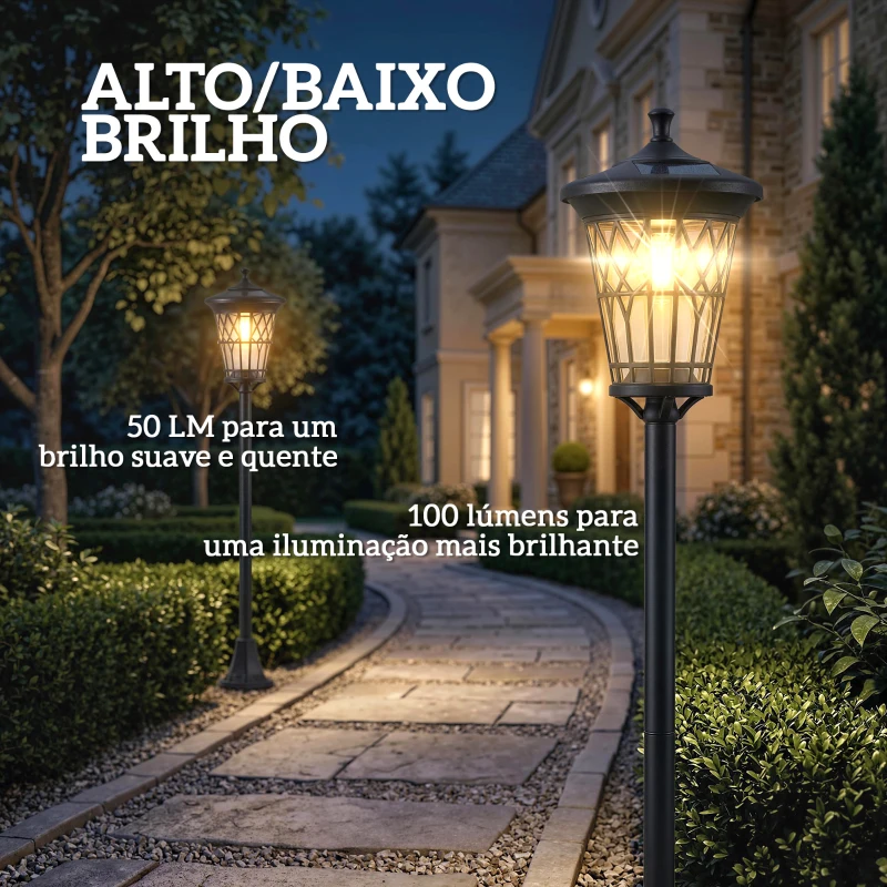 Outsunny Conjunto de 2 Candeeiros Solares de Jardim com Altura Ajustável, 2 Modos de Brilho e IP44 Impermeável para Terraço e Pátio, Preto