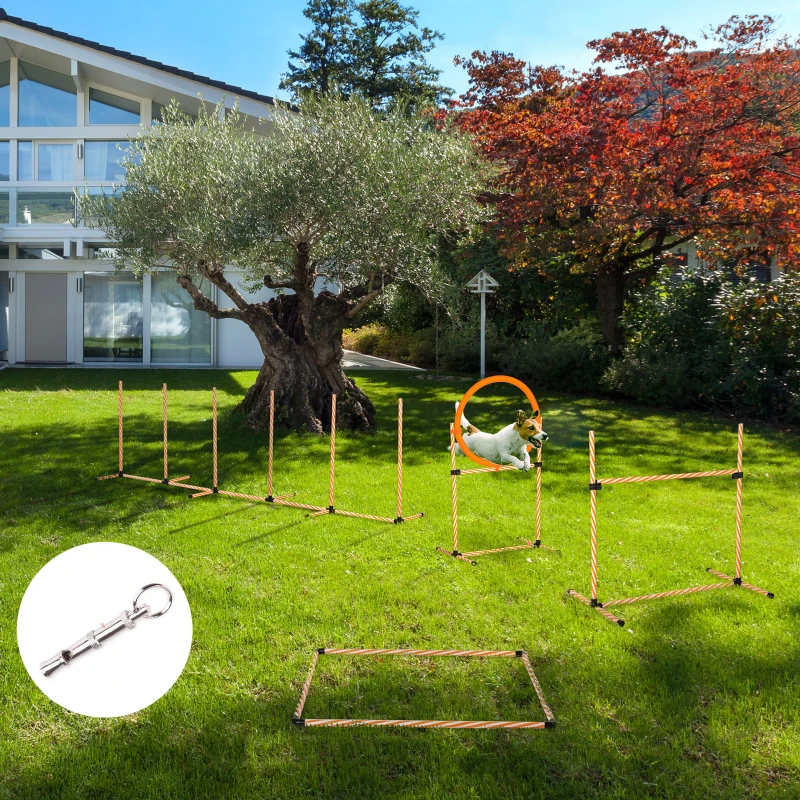 PawHut Conjunto de Treino de Agilidade para Cães de 4 Peças Kit Treino Agility para Cães com Slalom Área de Pausa Barreiras e Anel de Salto Laranja