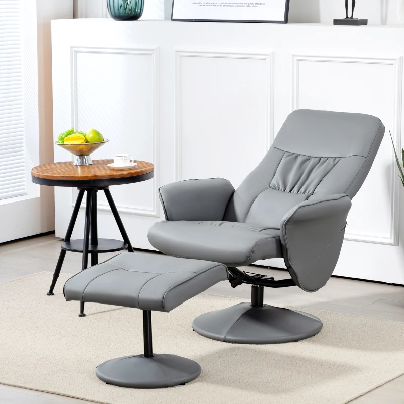 HOMCOM 2-delige Fauteuil Set met Poef, Relaxfauteuil met Poef, Hoogteverstelbaar, Kanteelbare Rugleuning, Lichtgrijs(m-2)