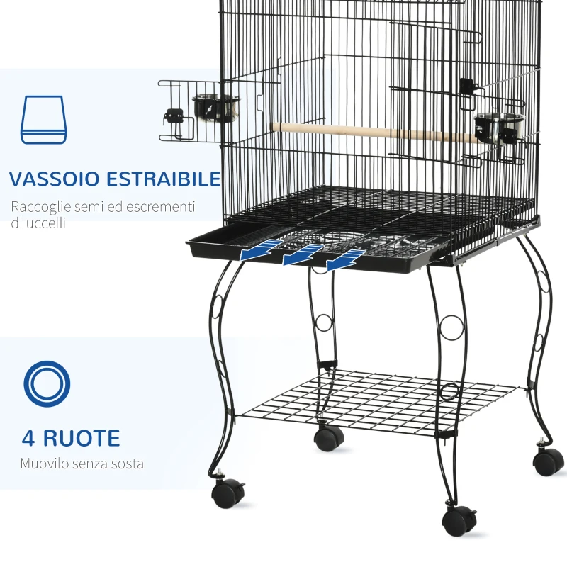 PawHut Gabbia per Uccelli da Interni in Legno con Vassoio, 4 Ruote e Trespolo, 50x49x137cm