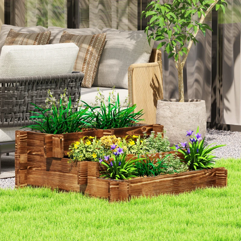 Outsunny Caixa de Plantio de Madeira de 3 Níveis com Malha Geotextil para Cultivos de Plantas Flores Exterior 93x93x35 cm Carbonizado