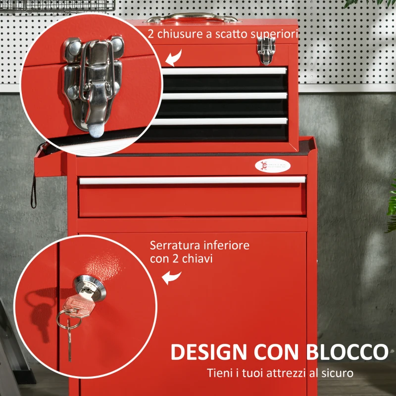 DURHAND Carrello Porta Attrezzi 2 in 1 con Cassetta Rimovibile e Armadietto con Chiave in Acciaio, Rosso