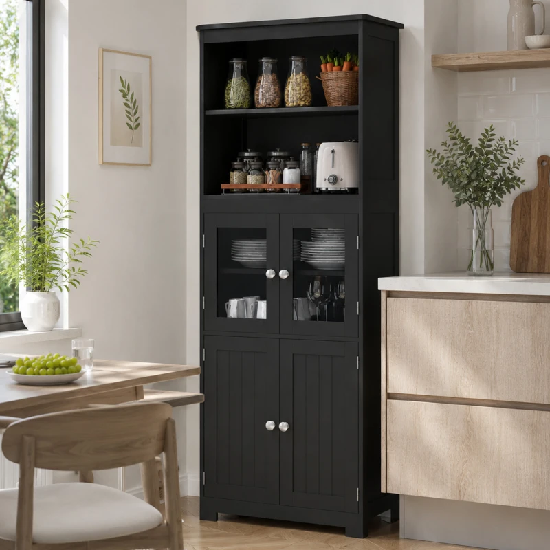 HOMCOM Armário de Cozinha com 2 Portas de Vidro Temperado 2 Prateleiras Abertas e Armário com Prateleira Ajustável 60x30x162 cm Preto