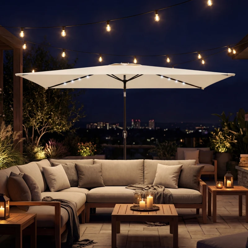 Outsunny Sonnenschirm LED Solar ca. 300 x 200 cm knickbar Balkonschirm mit Kurbel Schutzhülle, UV Schutz, Drehbar Cremeweiß