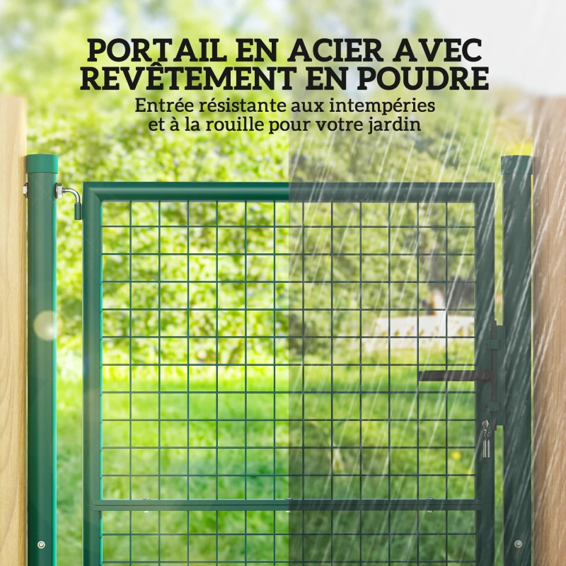 Outsunny Portillon de jardin en acier 97 x 175 cm portail de jardin avec serrure, clés et poignée, vert
