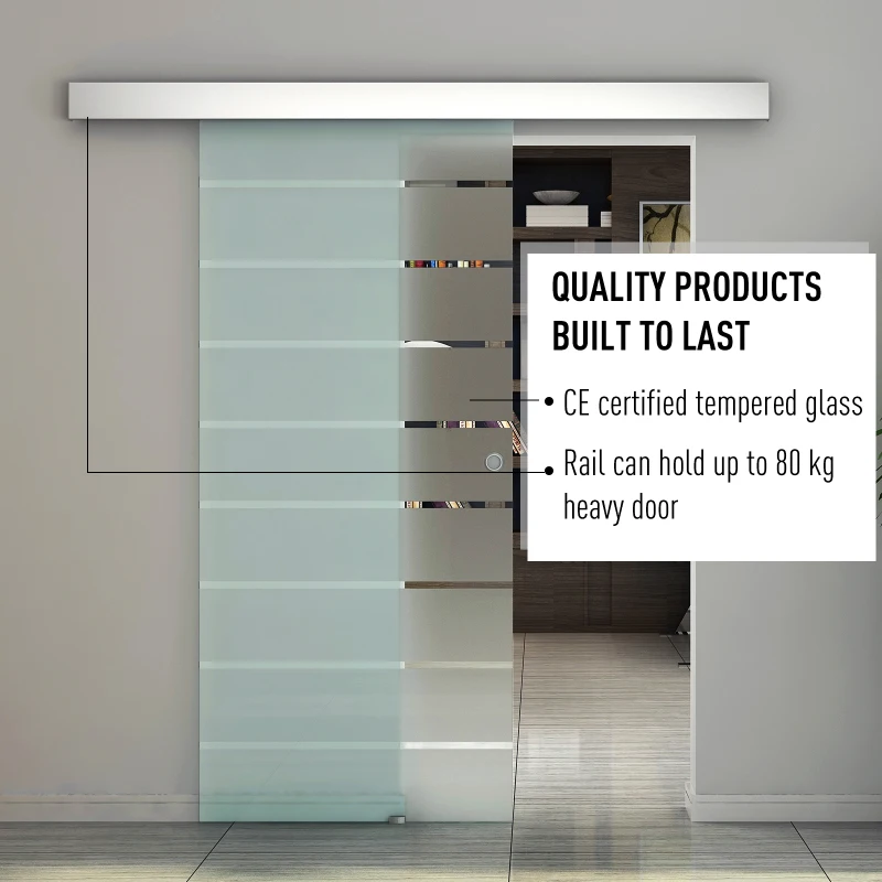 HOMCOM 90cm Sliding Glass Door with Hardware Track Kit, Frosted Tempered Glass with Stripe Pattern, Round Handle